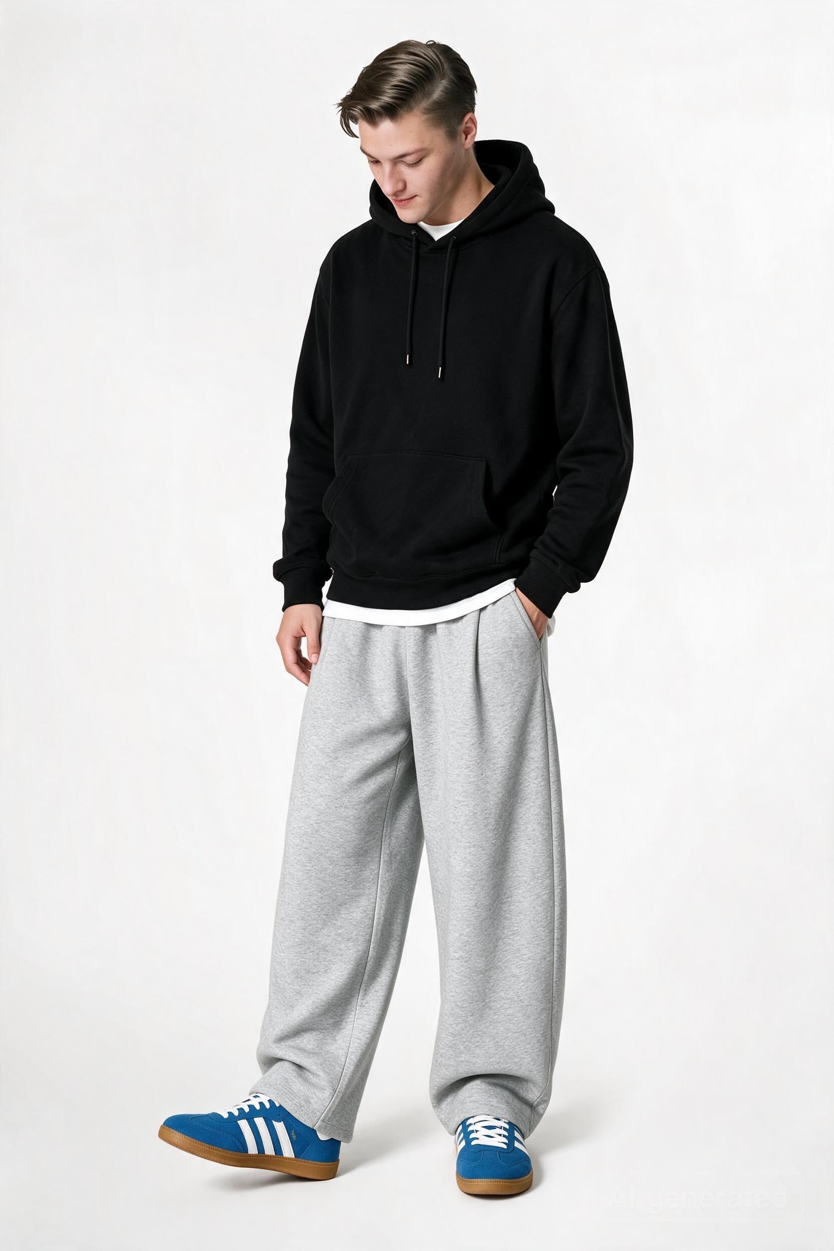 A shopper wearing a black hoodie, gray joggers, and blue sneakers in a generated complete-look preview.